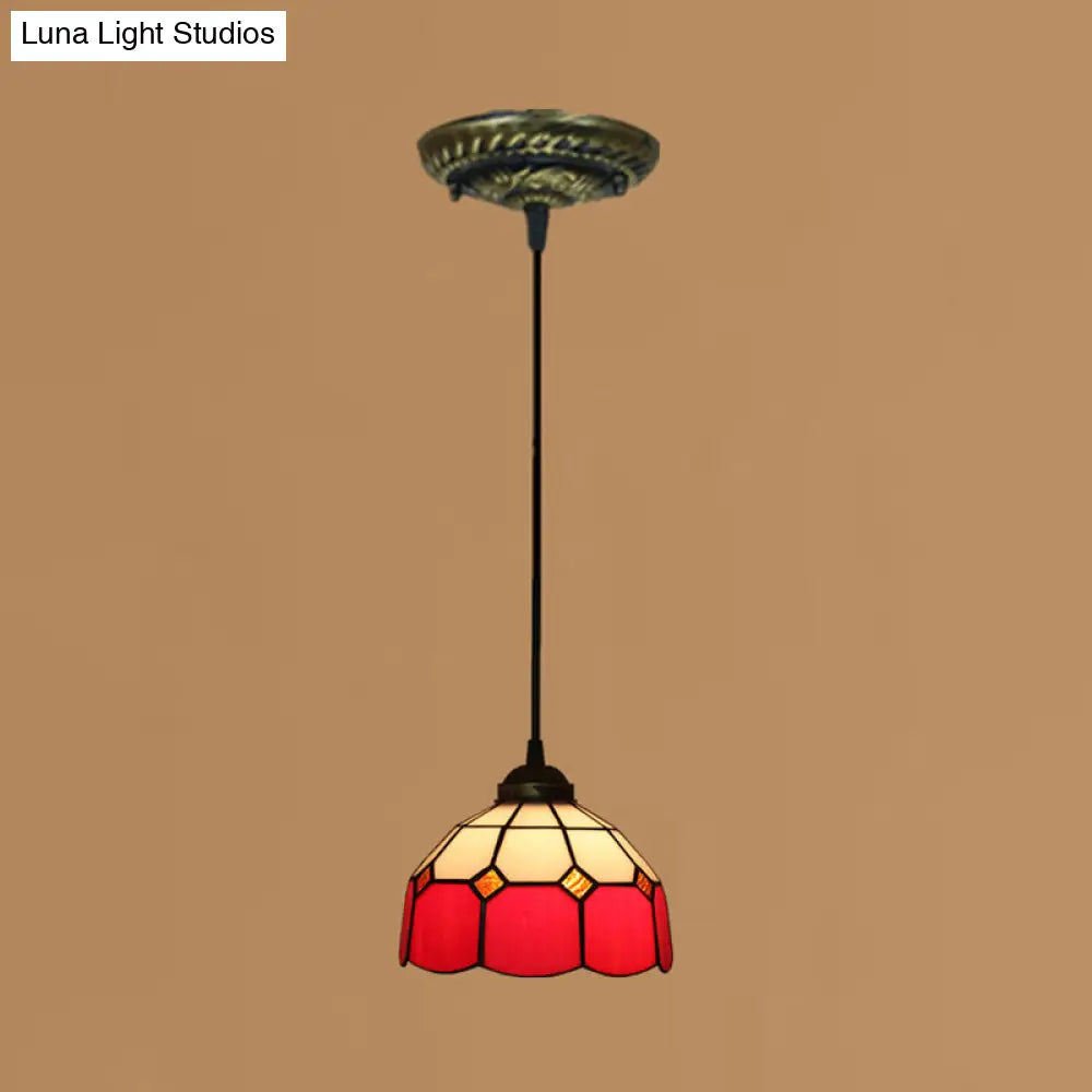 Tiffany Style Stained Art Glass Pendant Light - Domed Drop Design with 1-Light for Hanging Ceiling