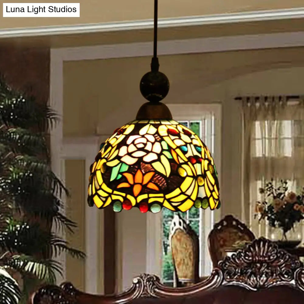 Tiffany Style Stained Art Glass Pendant Light - Pink/Yellow Blossom Ceiling Lamp