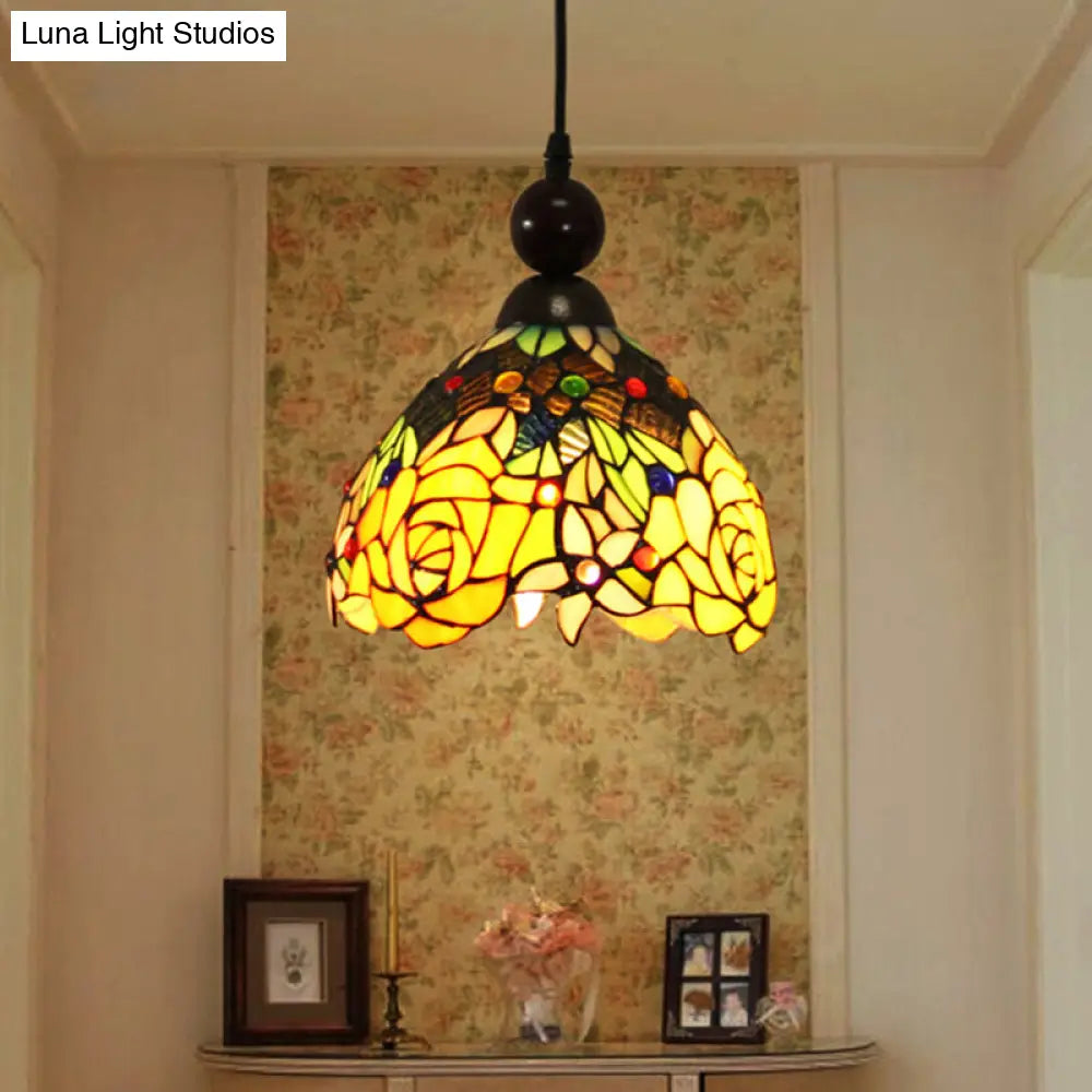 Tiffany Style Stained Art Glass Pendant Light - Pink/Yellow Blossom Ceiling Lamp