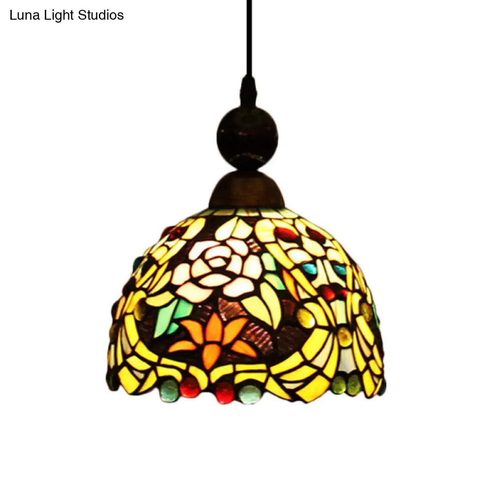 Tiffany Style Stained Art Glass Pendant Light - Pink/Yellow Blossom Ceiling Lamp