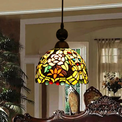 Tiffany Style Stained Art Glass Pendant Light - Pink/Yellow Blossom Ceiling Lamp