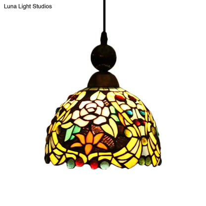 Tiffany Style Stained Art Glass Pendant Light - Pink/Yellow Blossom Ceiling Lamp