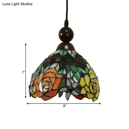 Tiffany Style Stained Art Glass Pendant Light - Pink/Yellow Blossom Ceiling Lamp