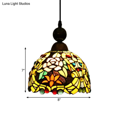 Tiffany Style Stained Art Glass Pendant Light - Pink/Yellow Blossom Ceiling Lamp