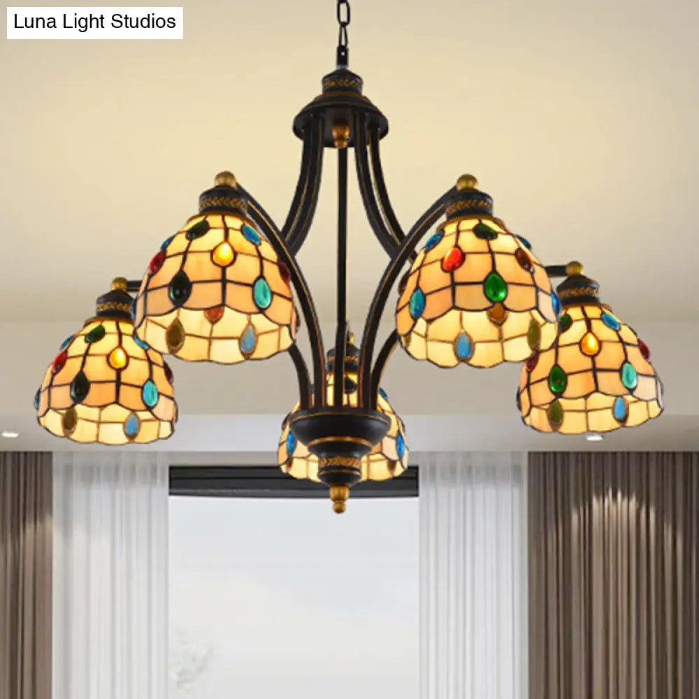 Tiffany Style Stained Glass Beaded Chandelier - Black and Gold, 3/6/8 Lights, Ceiling Pendant