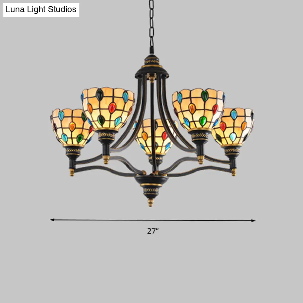 Tiffany Style Stained Glass Beaded Chandelier - Black and Gold, 3/6/8 Lights, Ceiling Pendant