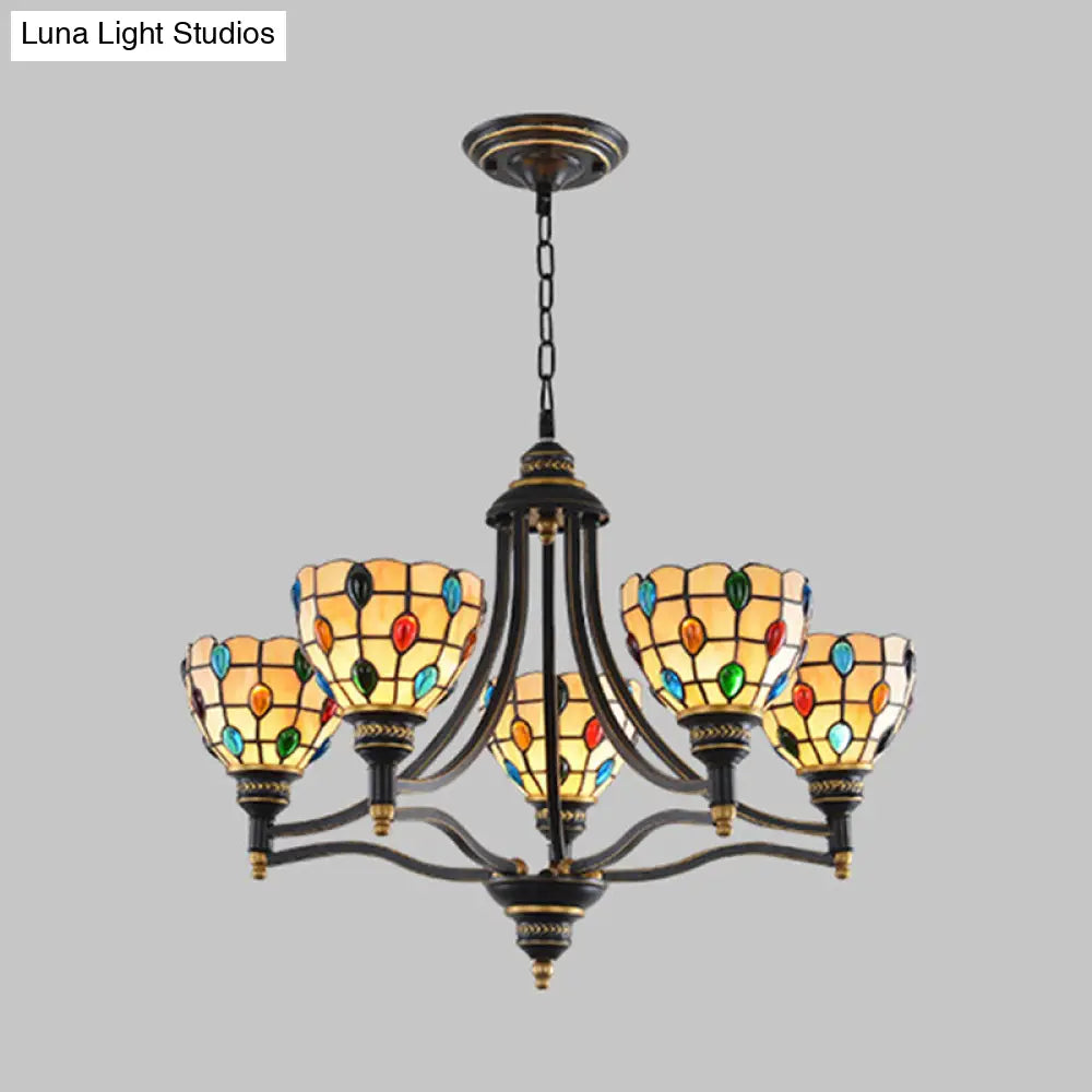 Tiffany Style Stained Glass Beaded Chandelier - Black and Gold, 3/6/8 Lights, Ceiling Pendant