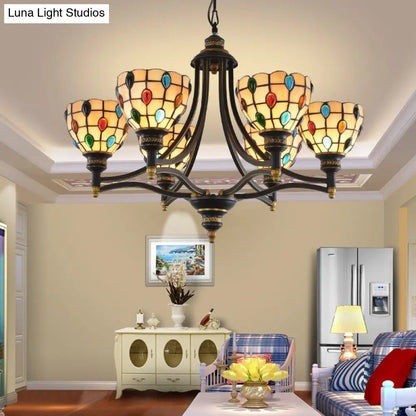 Tiffany Style Stained Glass Beaded Chandelier - Black and Gold, 3/6/8 Lights, Ceiling Pendant