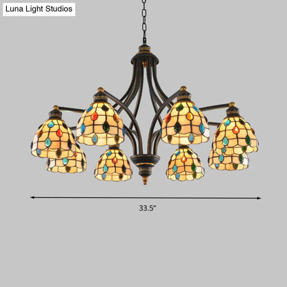 Tiffany Style Stained Glass Beaded Chandelier - Black and Gold, 3/6/8 Lights, Ceiling Pendant