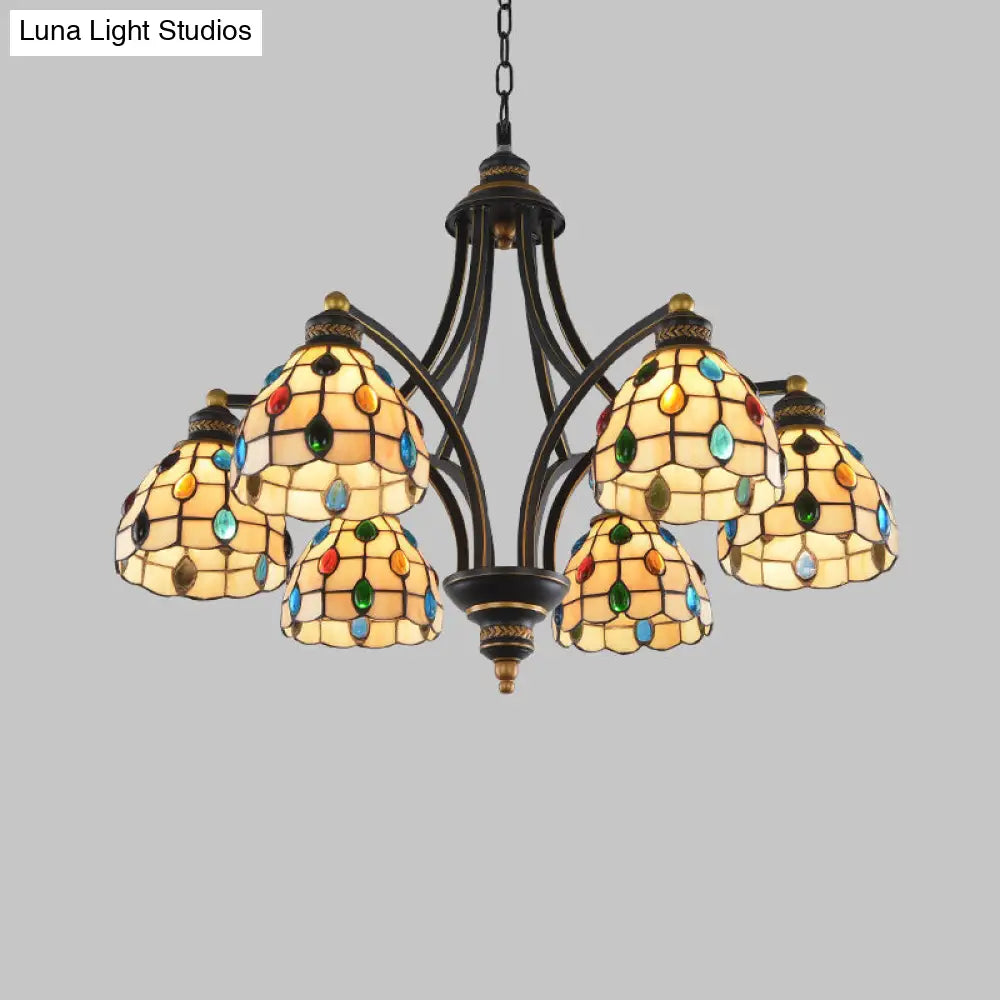 Tiffany Style Stained Glass Beaded Chandelier - Black and Gold, 3/6/8 Lights, Ceiling Pendant