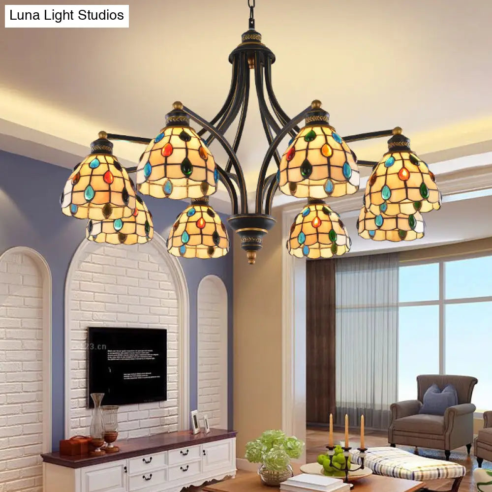 Tiffany Style Stained Glass Beaded Chandelier - Black and Gold, 3/6/8 Lights, Ceiling Pendant