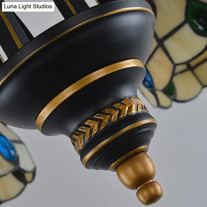 Tiffany Style Stained Glass Beaded Chandelier - Black and Gold, 3/6/8 Lights, Ceiling Pendant