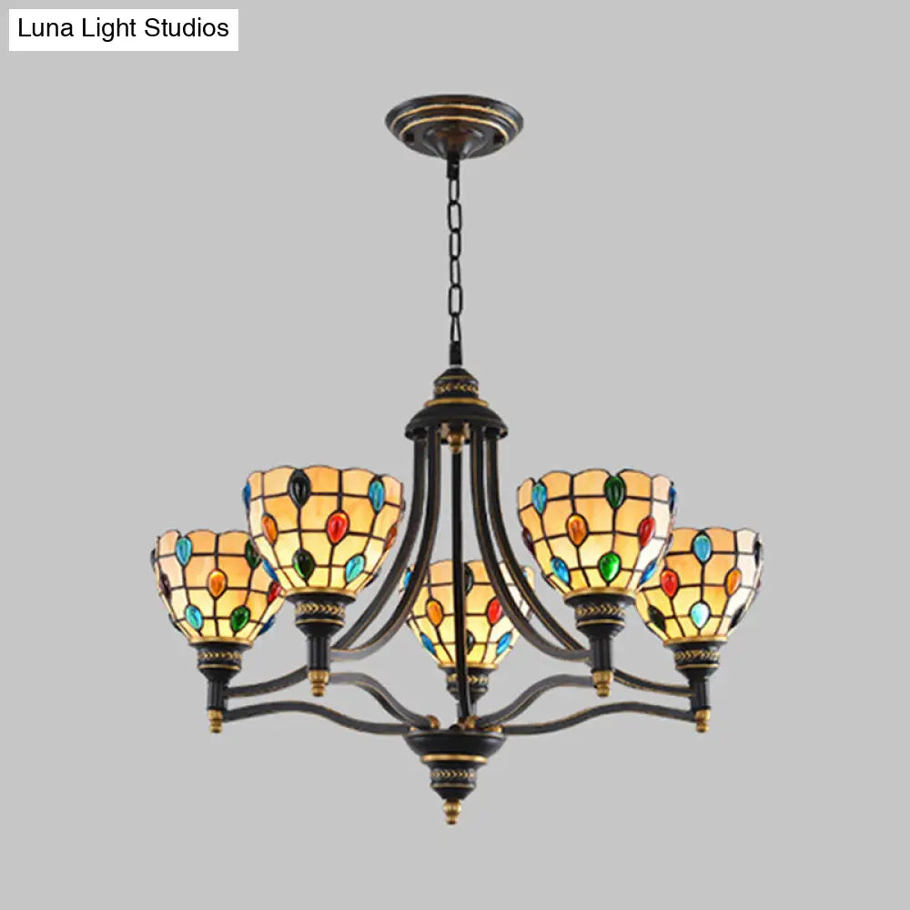 Tiffany Style Stained Glass Beaded Chandelier - Black and Gold, 3/6/8 Lights, Ceiling Pendant