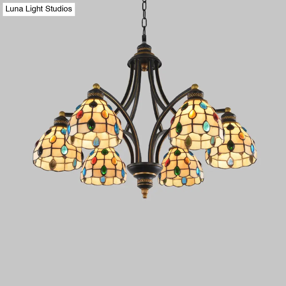 Tiffany Style Stained Glass Beaded Chandelier - Black and Gold, 3/6/8 Lights, Ceiling Pendant
