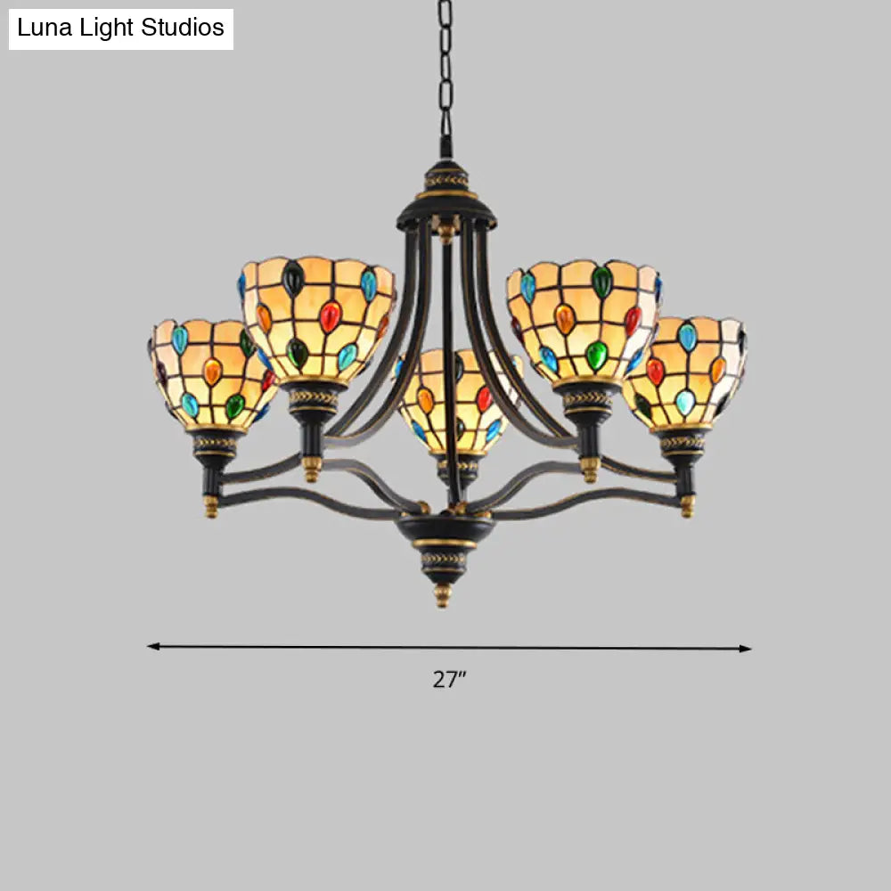 Tiffany Style Stained Glass Beaded Chandelier - Black and Gold, 3/6/8 Lights, Ceiling Pendant