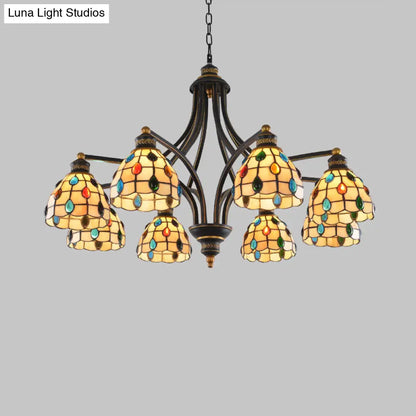 Tiffany Style Stained Glass Beaded Chandelier - Black and Gold, 3/6/8 Lights, Ceiling Pendant