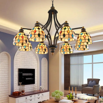Tiffany Style Stained Glass Beaded Chandelier - Black and Gold, 3/6/8 Lights, Ceiling Pendant