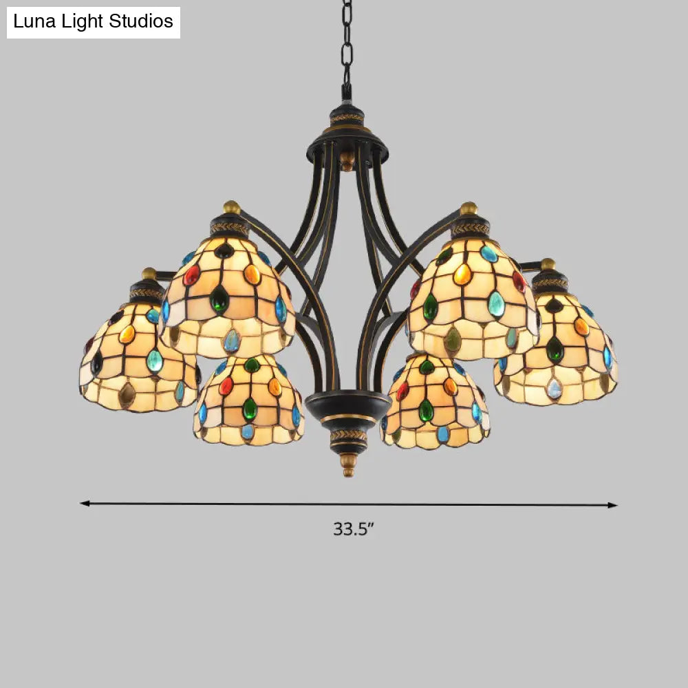 Tiffany Style Stained Glass Beaded Chandelier - Black and Gold, 3/6/8 Lights, Ceiling Pendant
