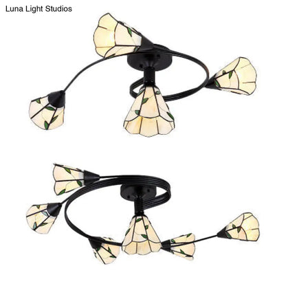 Tiffany Style Stained Glass Bedroom Semi Flushmount Light in White with Curved Design - 4/6 Heads