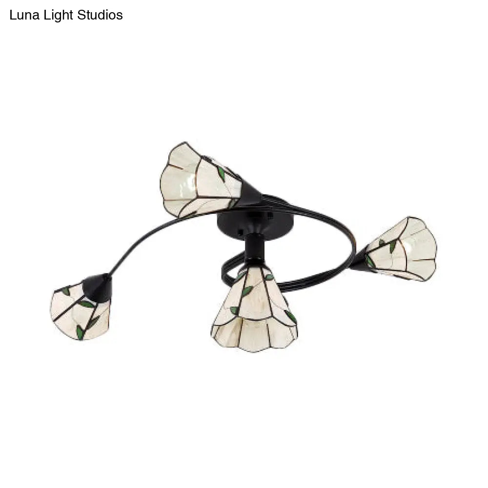 Tiffany Style Stained Glass Bedroom Semi Flushmount Light in White with Curved Design - 4/6 Heads