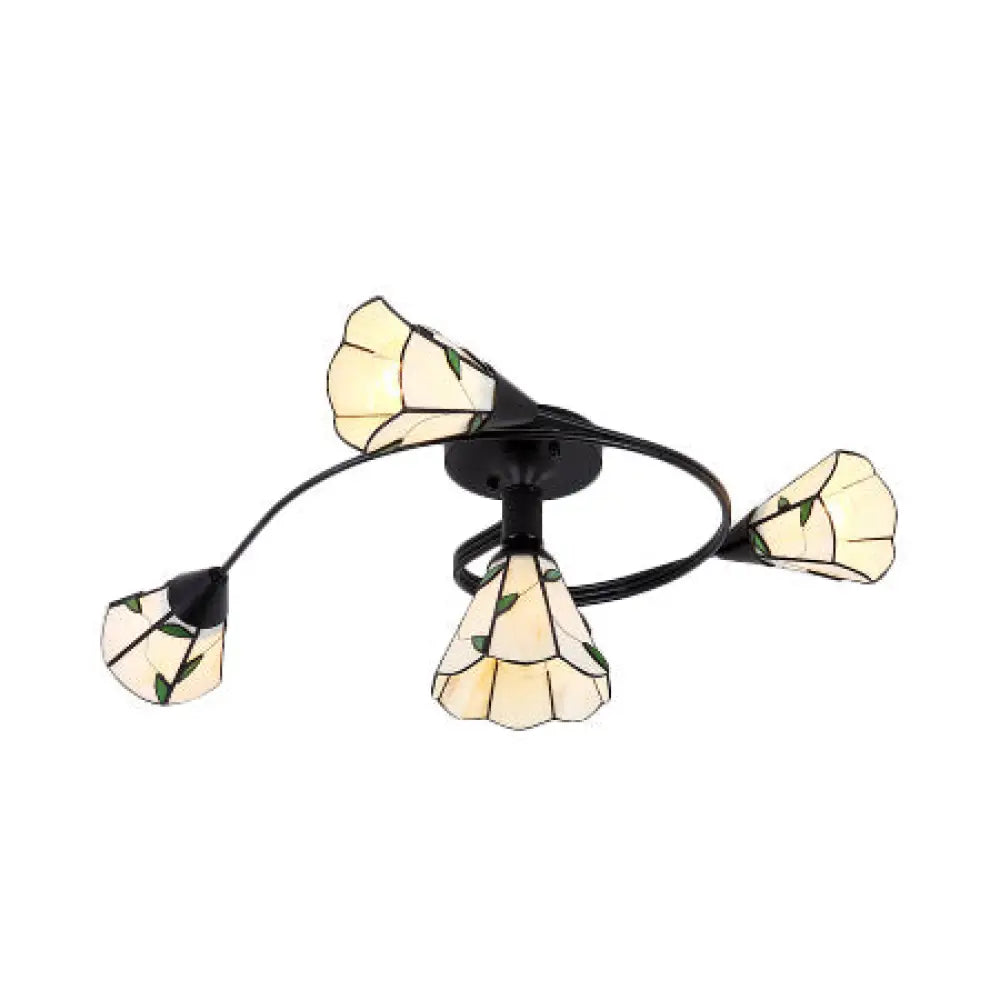 Tiffany Style Stained Glass Bedroom Semi Flushmount Light in White with Curved Design - 4/6 Heads