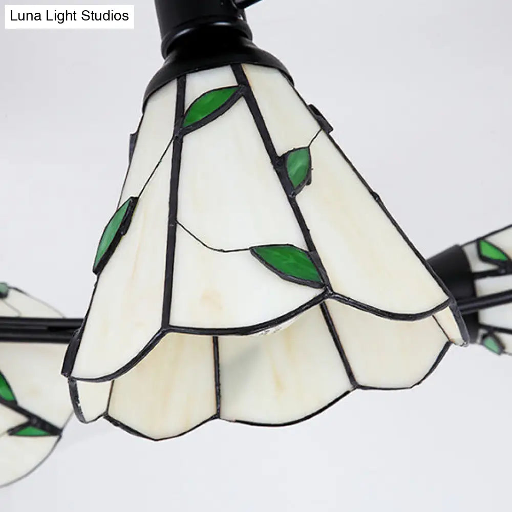 Tiffany Style Stained Glass Bedroom Semi Flushmount Light in White with Curved Design - 4/6 Heads