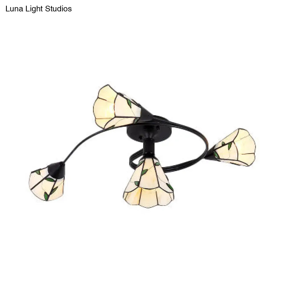 Tiffany Style Stained Glass Bedroom Semi Flushmount Light in White with Curved Design - 4/6 Heads