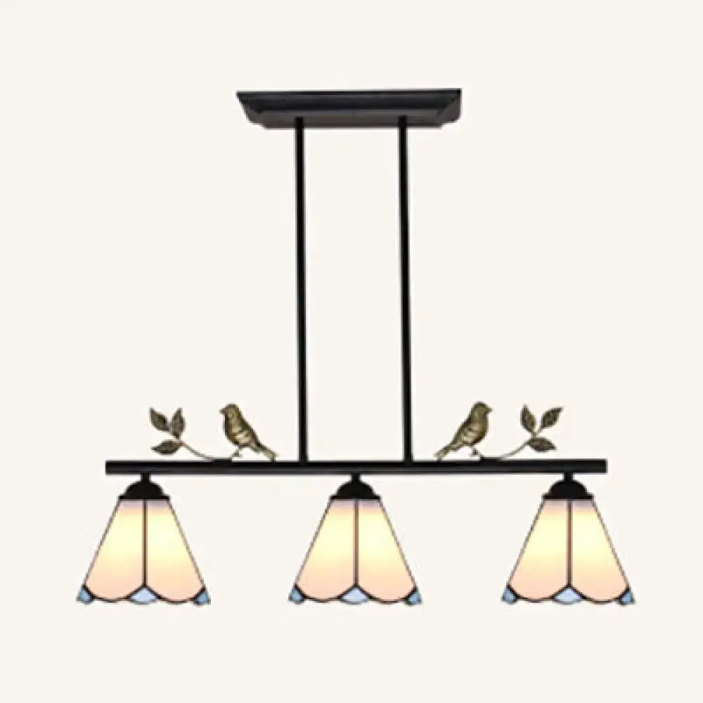 Black metal tiffany style island ceiling light with three stained glass shades amber blue and bird decor chain cord length adjustable