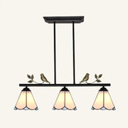 Black metal tiffany style island ceiling light with three stained glass shades amber blue and bird decor chain cord length adjustable