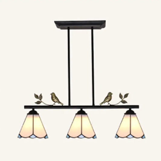 Black metal tiffany style island ceiling light with three stained glass shades amber blue and bird decor chain cord length adjustable