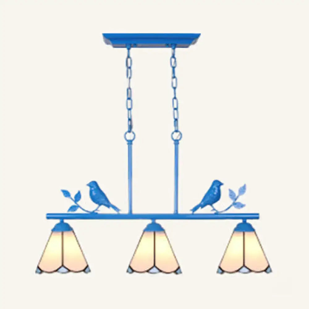 Blue metal DecorBites Tiffany style ceiling light with three amber glass shades and bird motifs on chain cord length