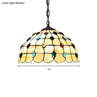 Tiffany-Style Stained Glass Bowl Pendant Lamp with Two Beige Heads and Gemstone Cabochons - 16/19.5"W