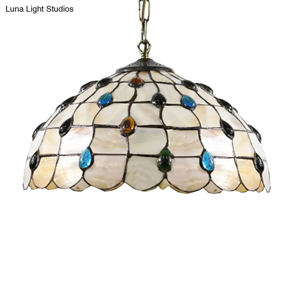 Tiffany-Style Stained Glass Bowl Pendant Lamp with Two Beige Heads and Gemstone Cabochons - 16/19.5"W