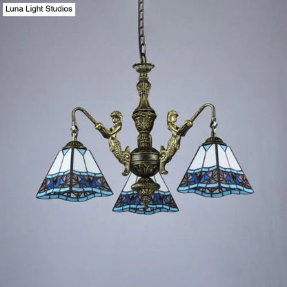 Tiffany Style Stained Glass Ceiling Chandelier: Pyramid Design with Mermaid Deco in Bronze