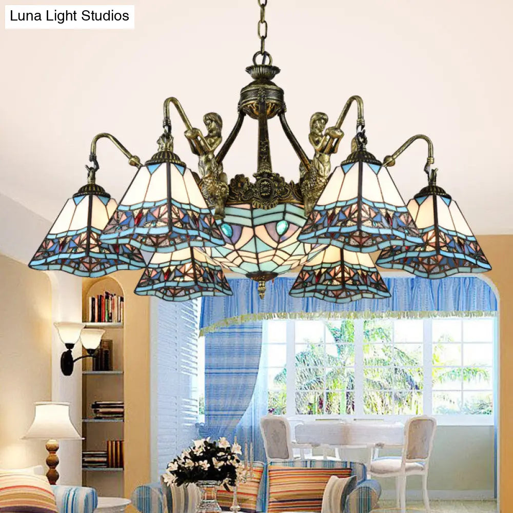 Tiffany Style Stained Glass Ceiling Chandelier: Pyramid Design with Mermaid Deco in Bronze