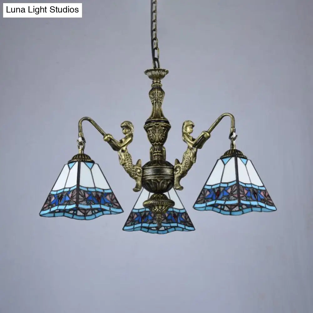 Tiffany Style Stained Glass Ceiling Chandelier: Pyramid Design with Mermaid Deco in Bronze