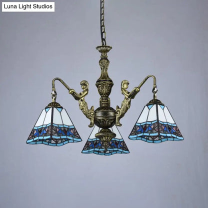 Tiffany Style Stained Glass Ceiling Chandelier: Pyramid Design with Mermaid Deco in Bronze
