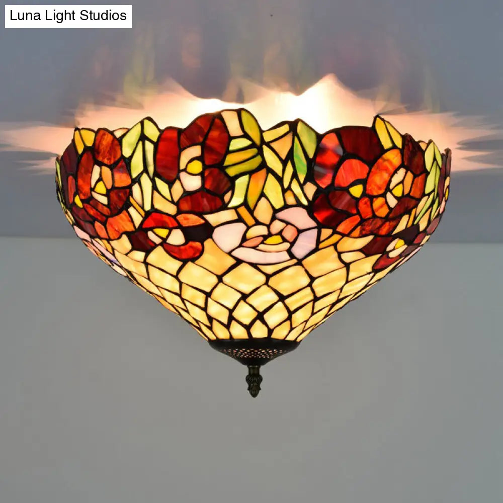 DecorBites™ DecorBites™ Tiffany-Style Stained Glass Ceiling Lamp in Bronze With 3 Bulb Flush Mount