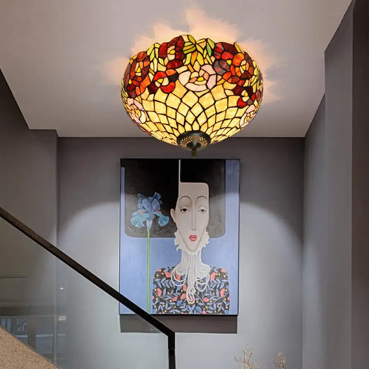 DecorBites™ DecorBites™ Tiffany-Style Stained Glass Ceiling Lamp in Bronze With 3 Bulb Flush Mount