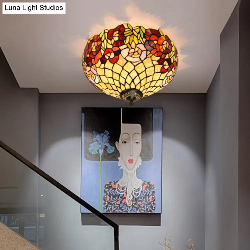 DecorBites™ DecorBites™ Tiffany-Style Stained Glass Ceiling Lamp in Bronze With 3 Bulb Flush Mount