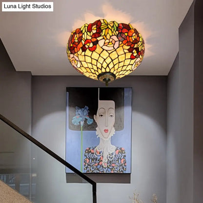 DecorBites™ DecorBites™ Tiffany-Style Stained Glass Ceiling Lamp in Bronze With 3 Bulb Flush Mount