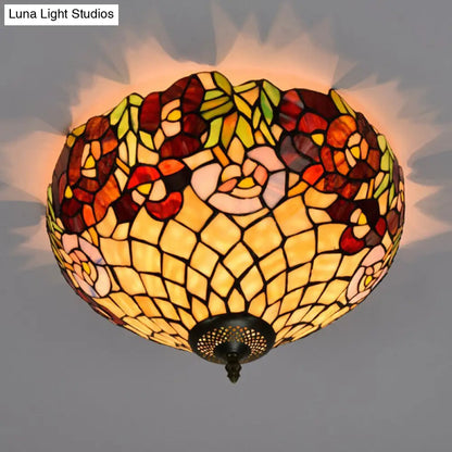 DecorBites™ DecorBites™ Tiffany-Style Stained Glass Ceiling Lamp in Bronze With 3 Bulb Flush Mount