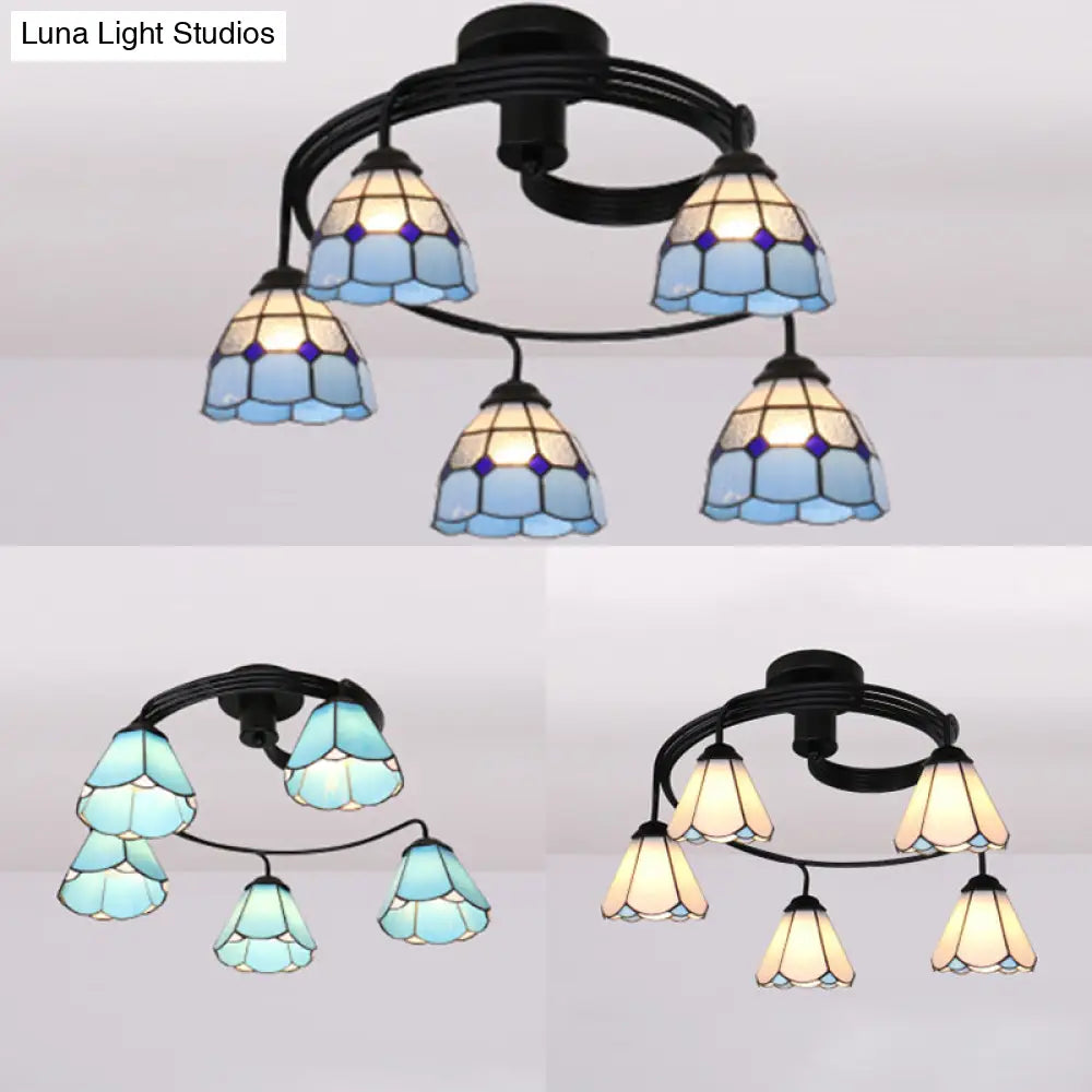 DecorBites™ DecorBites™ Tiffany Style Stained Glass Ceiling Light Fixture (3/5 Lights) - Semi Flush Mount in White/Blue/Clear