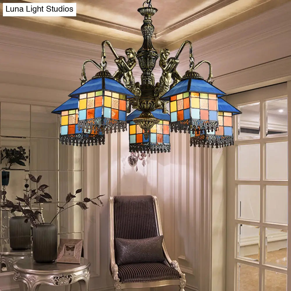 Tiffany-Style Stained Glass Chandelier with 5 Clear/Blue Pendant Lights for House Lighting