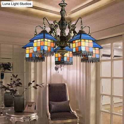 Tiffany-Style Stained Glass Chandelier with 5 Clear/Blue Pendant Lights for House Lighting