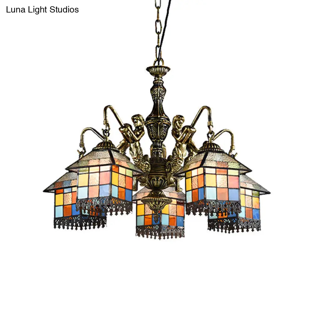 Tiffany-Style Stained Glass Chandelier with 5 Clear/Blue Pendant Lights for House Lighting