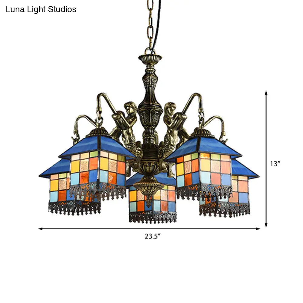 Tiffany-Style Stained Glass Chandelier with 5 Clear/Blue Pendant Lights for House Lighting