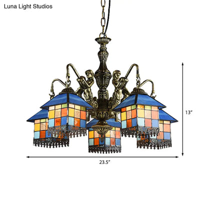 Tiffany-Style Stained Glass Chandelier with 5 Clear/Blue Pendant Lights for House Lighting
