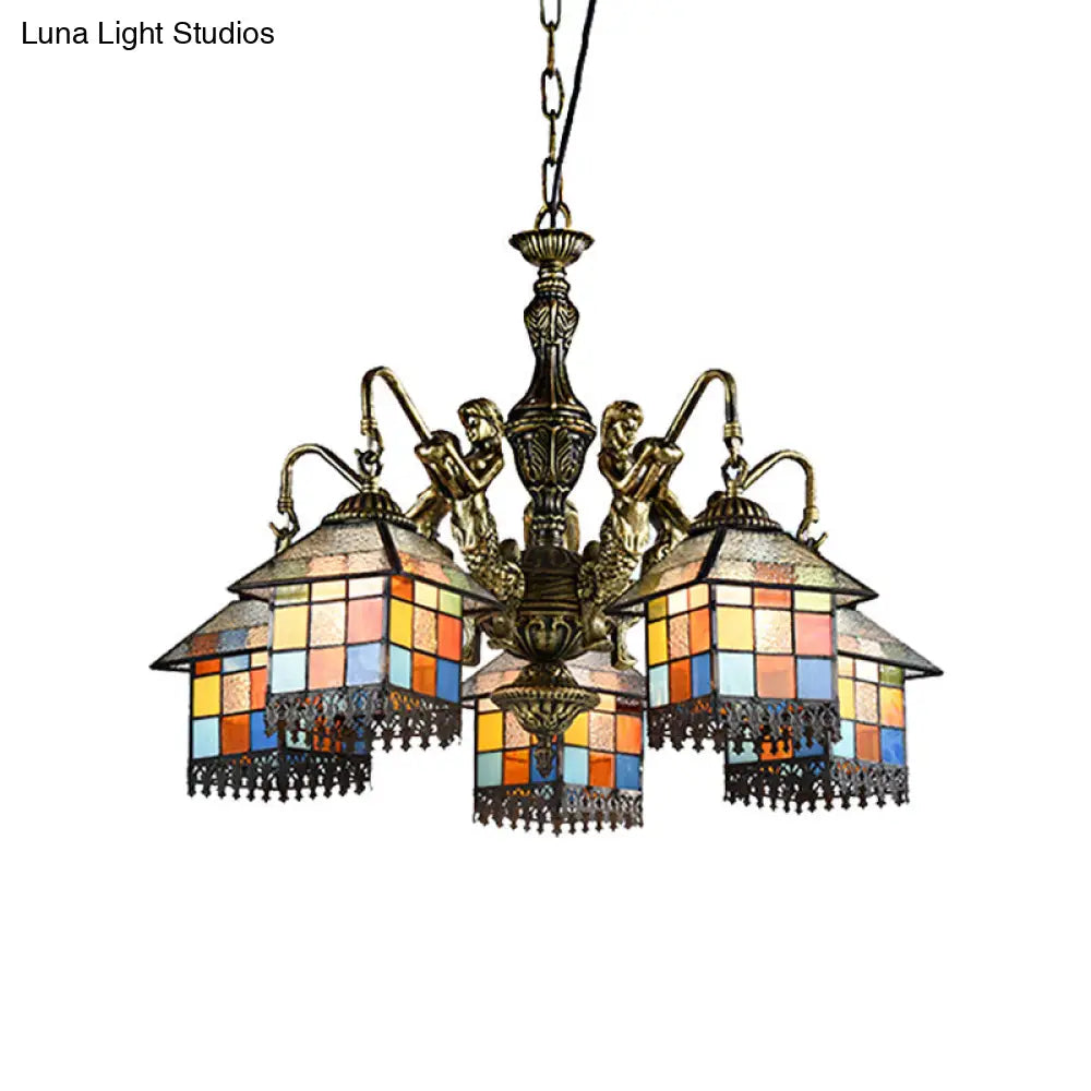 Tiffany-Style Stained Glass Chandelier with 5 Clear/Blue Pendant Lights for House Lighting