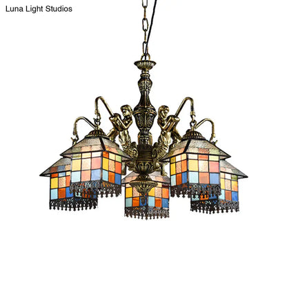 Tiffany-Style Stained Glass Chandelier with 5 Clear/Blue Pendant Lights for House Lighting